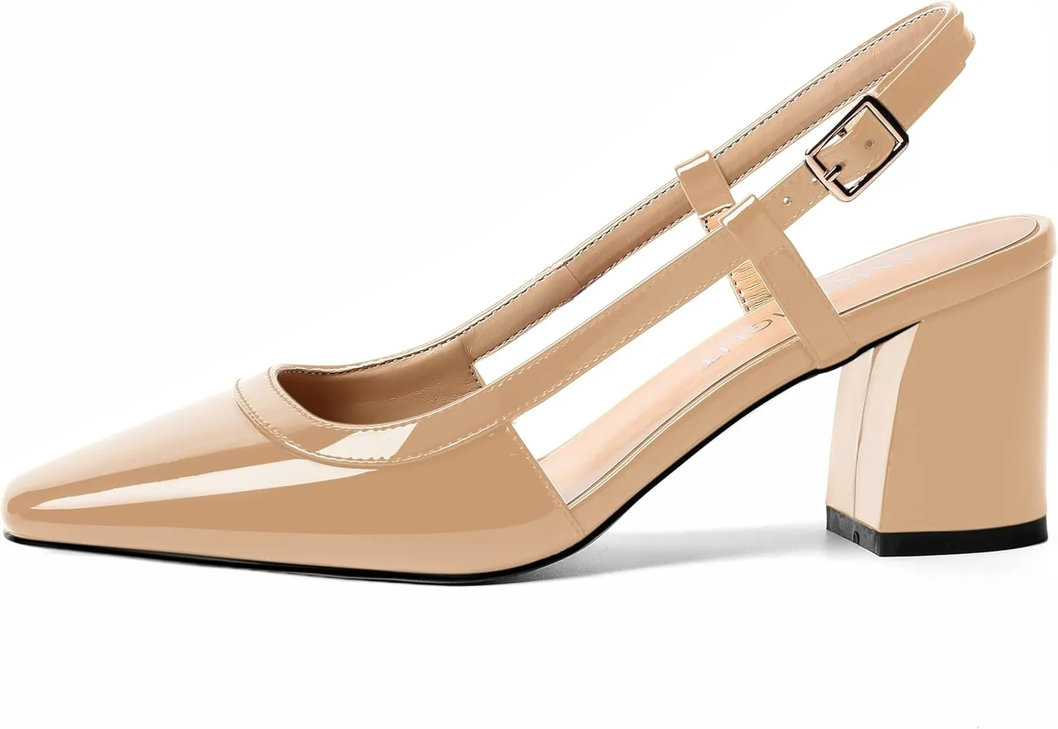 AMBELIGHT Womens Wedding Solid Slingback Square Toe Patent Dress Buckle Chunky Mid Heel Pumps Shoes 2.5 Inch