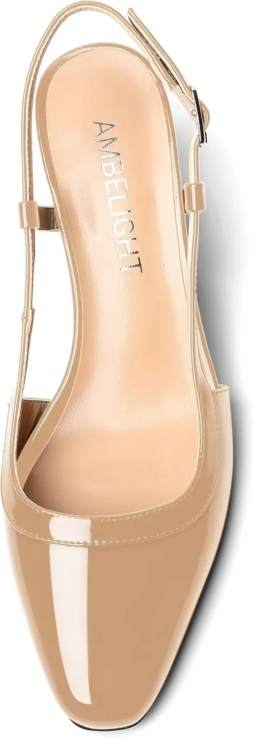 AMBELIGHT Womens Wedding Solid Slingback Square Toe Patent Dress Buckle Chunky Mid Heel Pumps Shoes 2.5 Inch