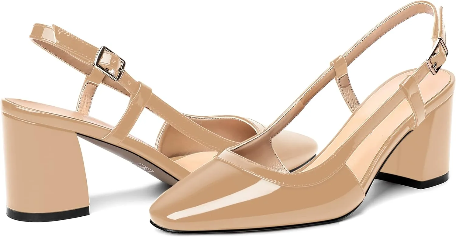AMBELIGHT Womens Wedding Solid Slingback Square Toe Patent Dress Buckle Chunky Mid Heel Pumps Shoes 2.5 Inch