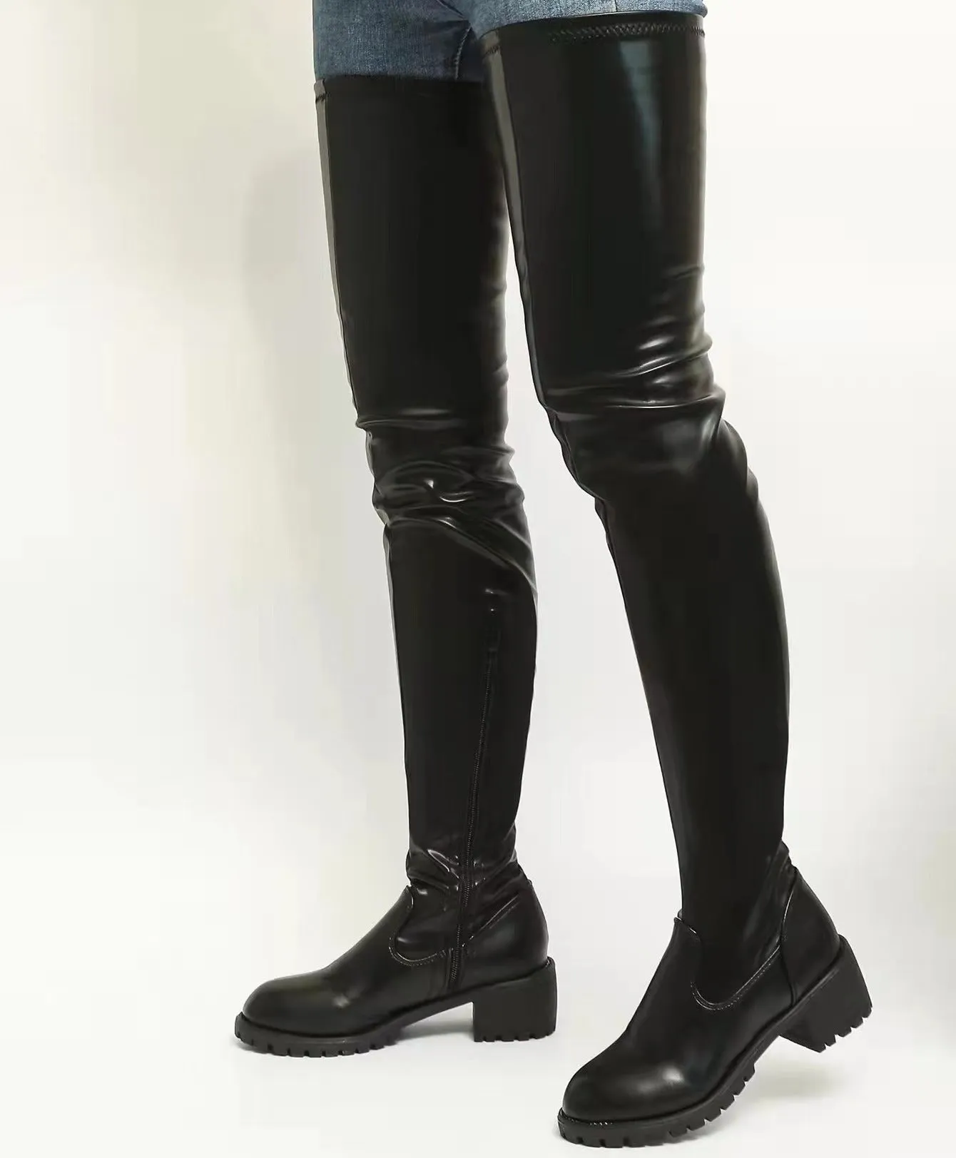 Black red chunky square heel thigh high boots for women
