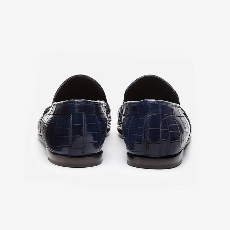 Blue Calf Croc-Embossed Loafers
