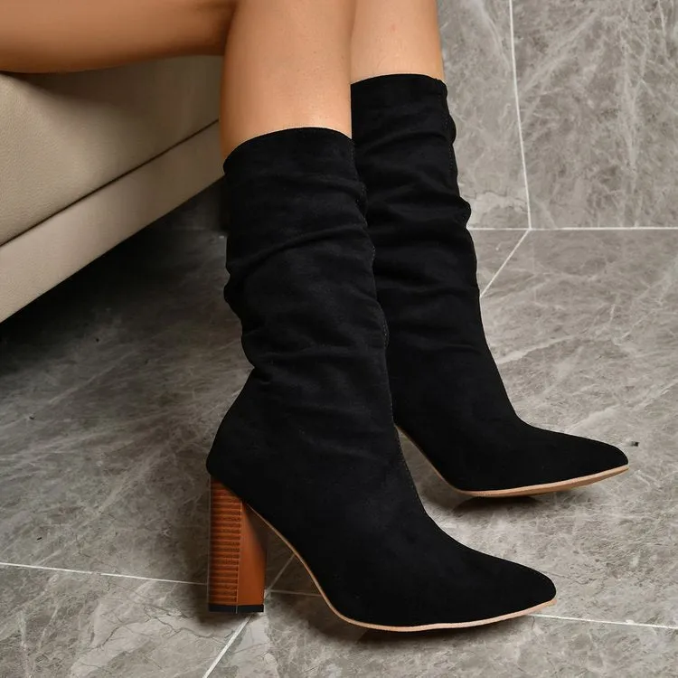 Faux suede slouchy mid calf boots pointed toe
