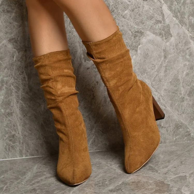 Faux suede slouchy mid calf boots pointed toe