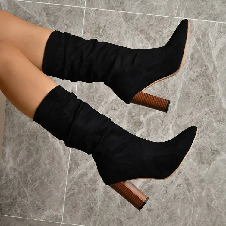 Faux suede slouchy mid calf boots pointed toe