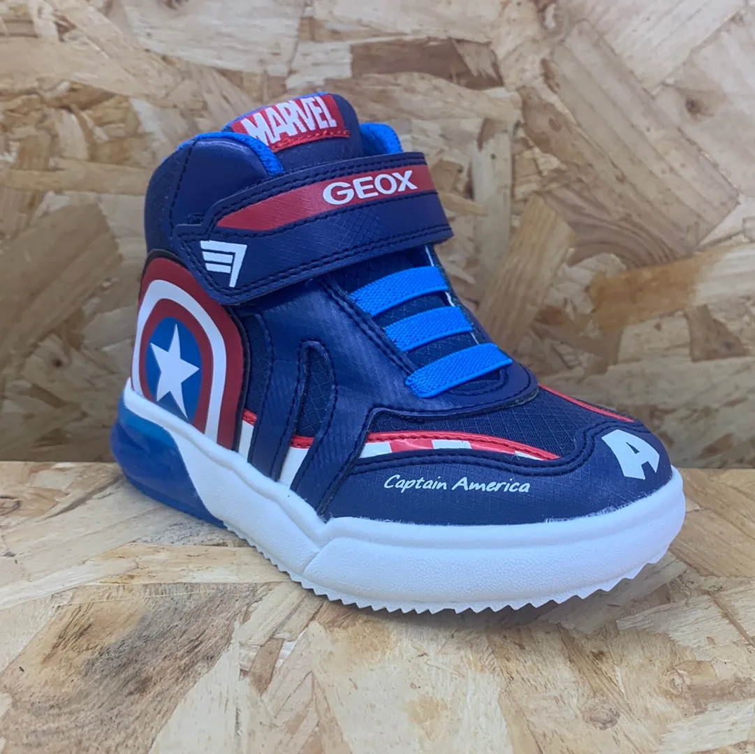 Geox Kids Marvel Captain America Light Up High Top Trainers - Navy / Red