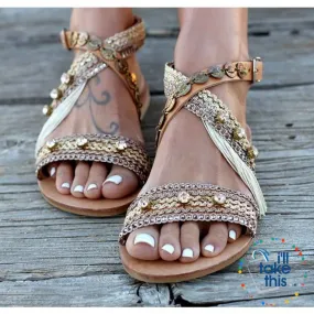 Gorgeous Bohemian Beach Sandals - Flip Flops Handmade Vegan Leather Straps wrapped in Gold/Pink Trim