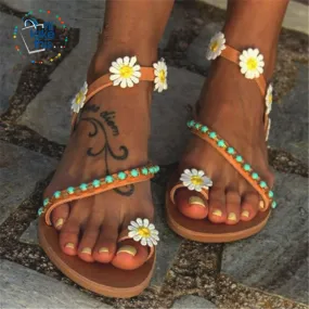 Greek Vegan Leather Slip-on Sandals with Daisy Textile Flowers, Chic and Minimal Bohemian Sandals