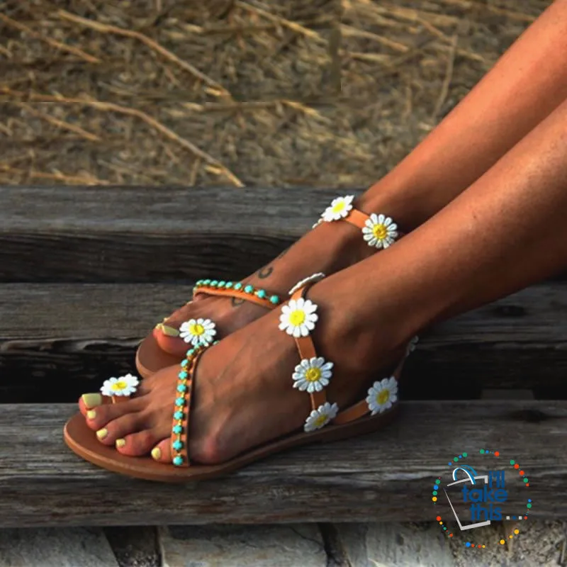 Greek Vegan Leather Slip-on Sandals with Daisy Textile Flowers, Chic and Minimal Bohemian Sandals