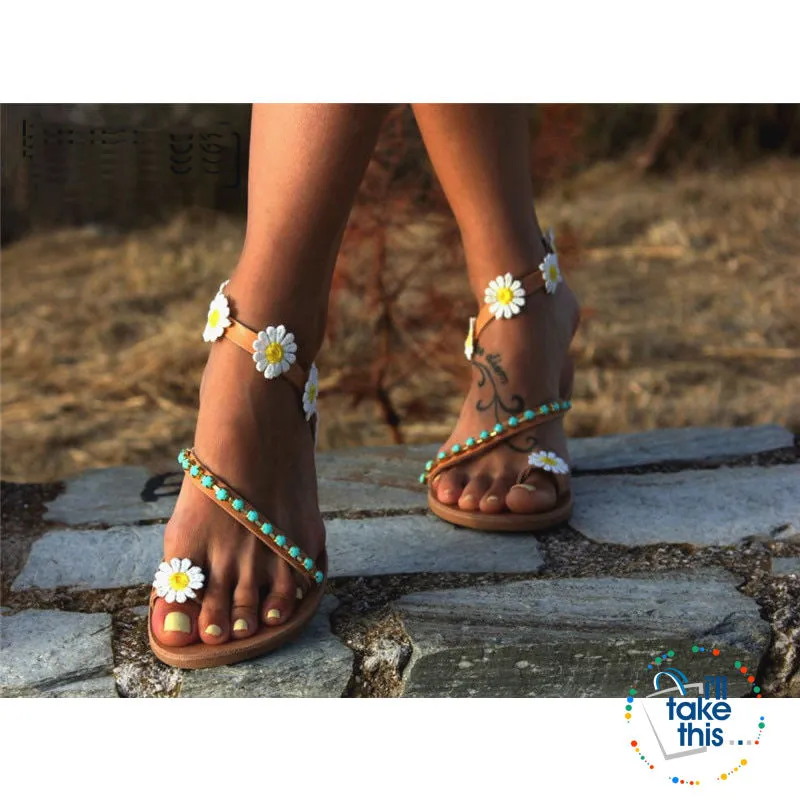 Greek Vegan Leather Slip-on Sandals with Daisy Textile Flowers, Chic and Minimal Bohemian Sandals