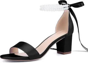 Isobud Women's Open Toe Pearl Wedding Shoes for Bride White Heels with Bow Bridal Shoes Chunky Block Satin Heels Sandals