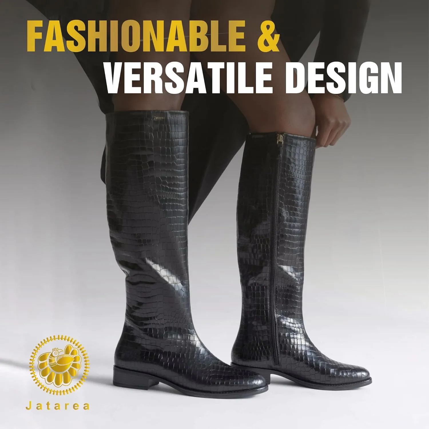 JATAREA Women's Leather Knee-High Boots - Stylish Block Heel - Comfortable Bootie for Females - Cushioned Insole for Comfort - Durable and Versatile Design