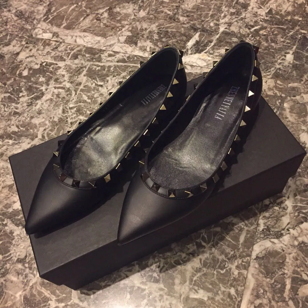 kamames 2022 Pointed Toe Women Flat Shoes Spring Autumn Rivets Classic Ladie Flats Black All Match Soft Boat Shoes Loafers
