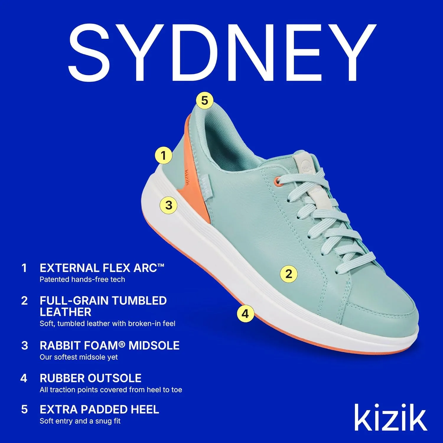 Kizik Womens Shoes: Sydney - Comfortable, Breathable, Casual Slip On Sneakers, Full Grain Tumbled Leather, Hands Free Convenience in a Timeless Style - Regular Width