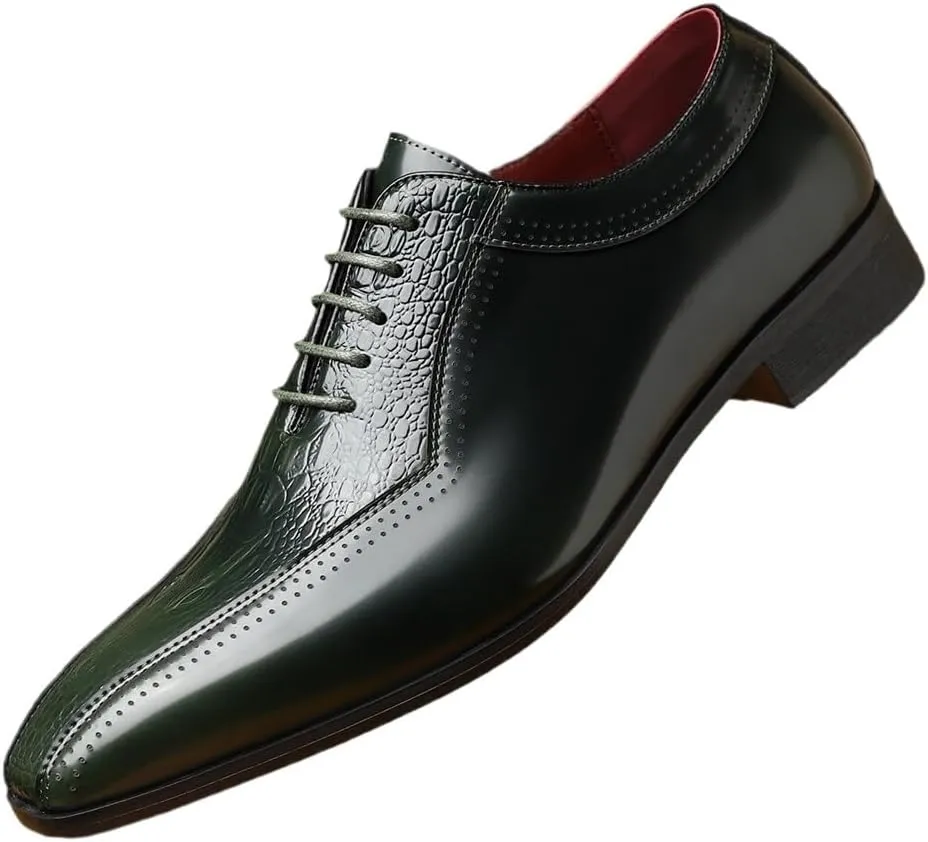Men's New Genuine Leather Shoes Square Toe Business Dress Mens Shoes Breathable Comfortable Leather Shoes Trendy Lace-up Green Moccasins