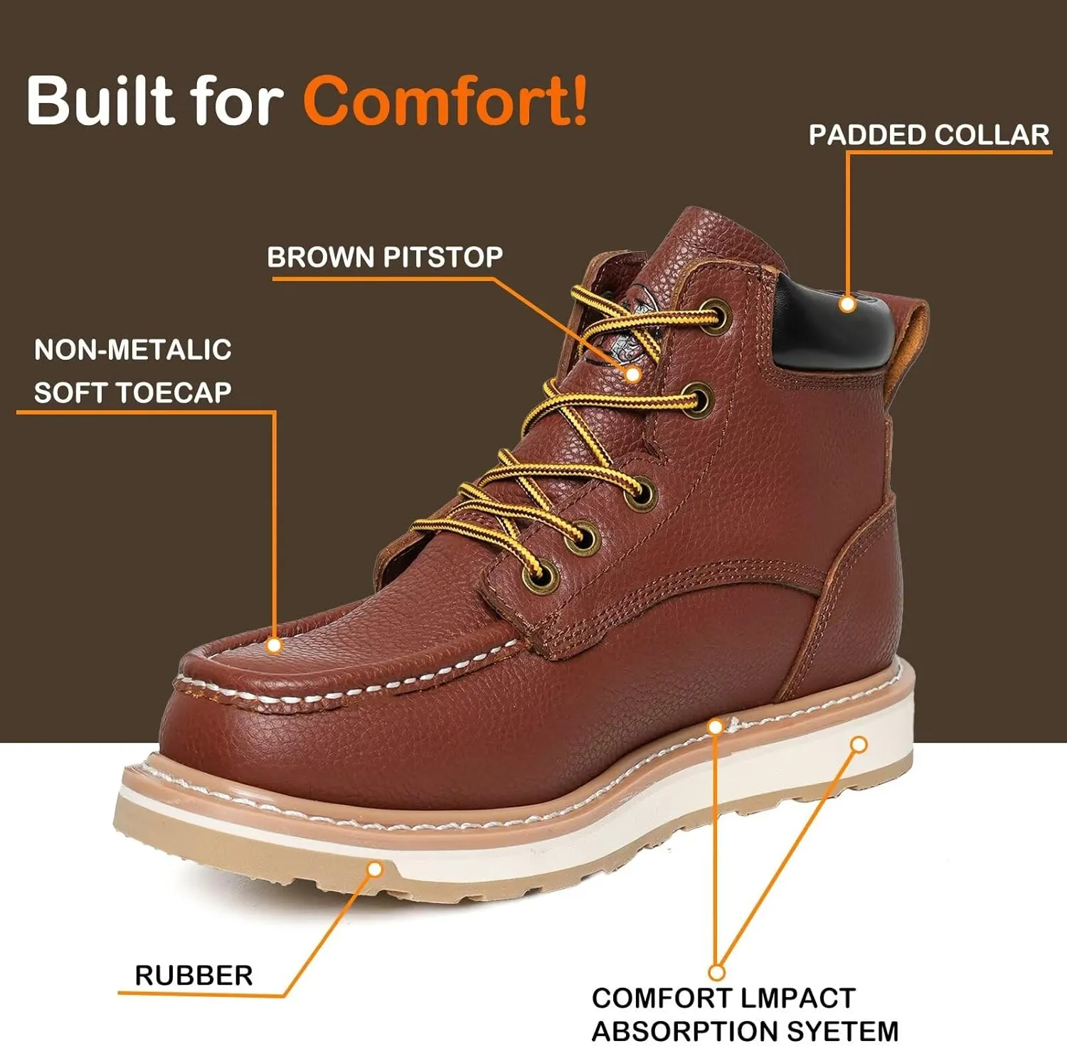 Mens Soft Toe Work Boots  EH Rated, Slip-Resistant Leather Moc Toe Boots, Lightweight, Durable & Breathable Construction Shoes
