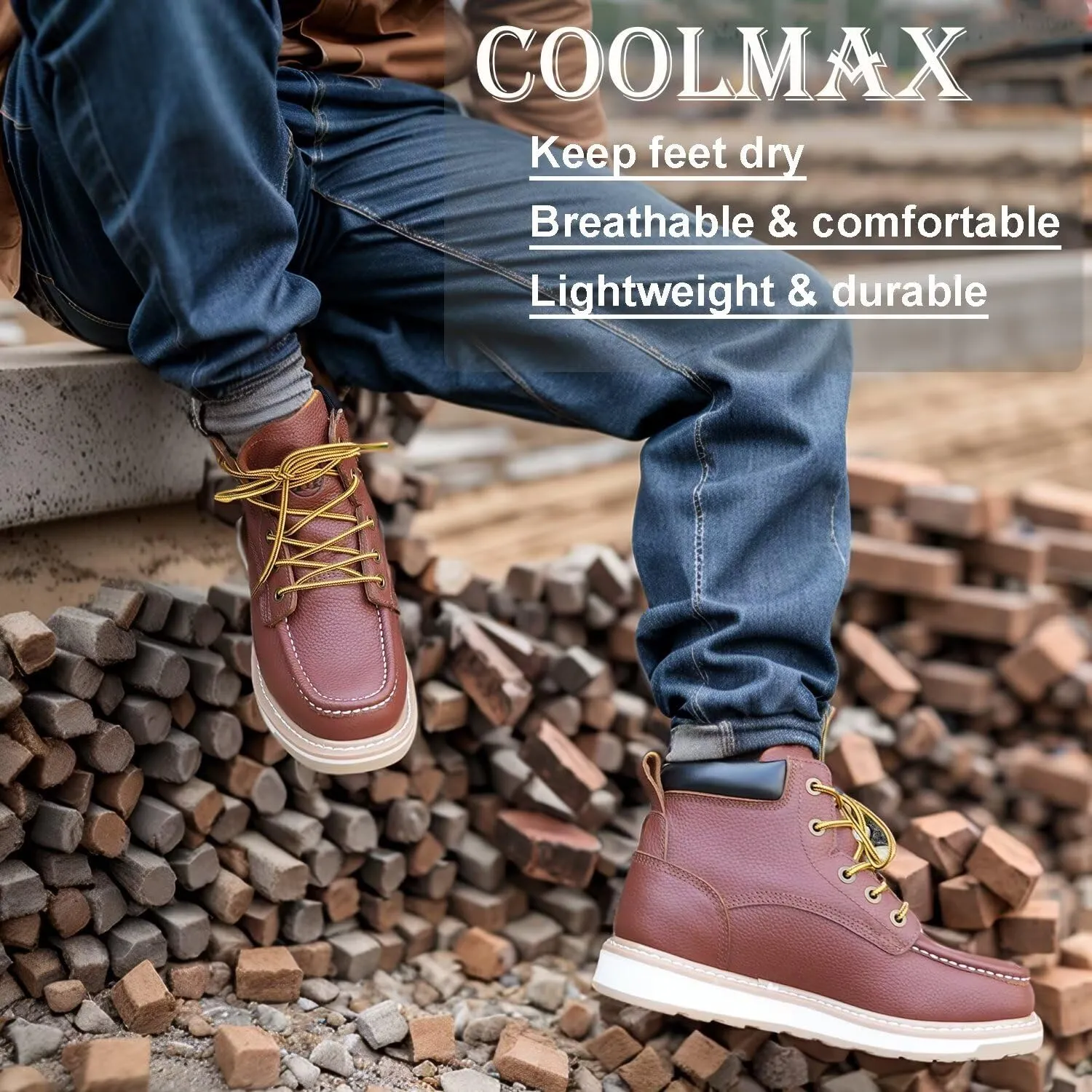 Mens Soft Toe Work Boots  EH Rated, Slip-Resistant Leather Moc Toe Boots, Lightweight, Durable & Breathable Construction Shoes