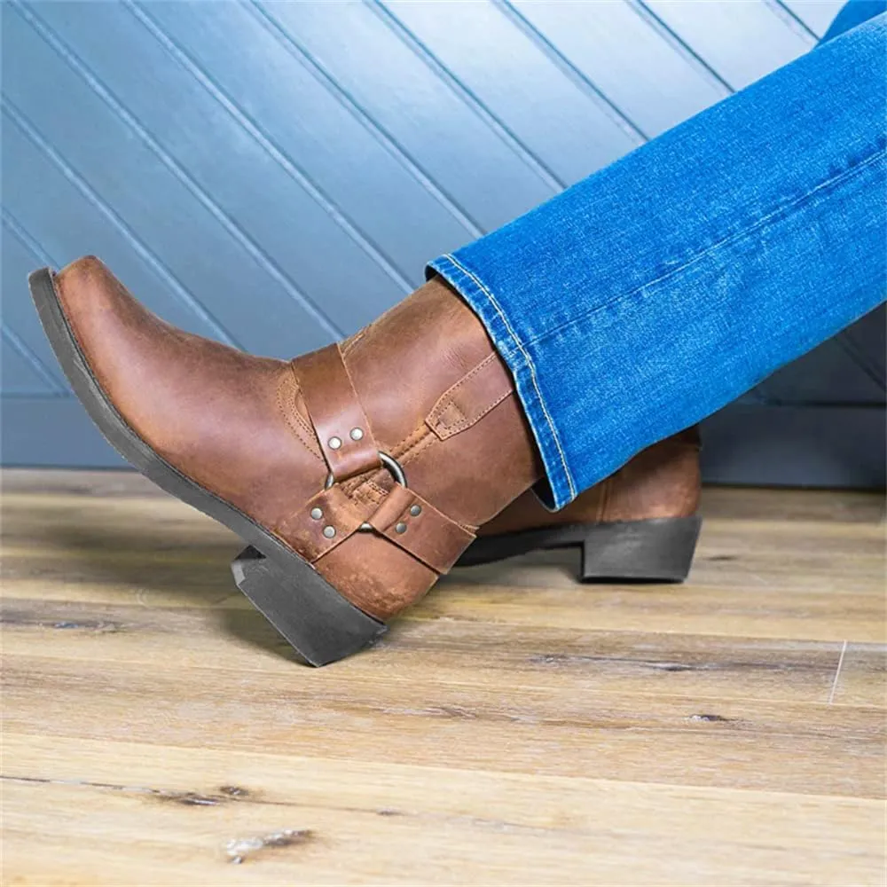 Men's Square Toe High Heel Durable Western Work Cowboy Boots Slip Resistant Side Zipper Ankle Boots