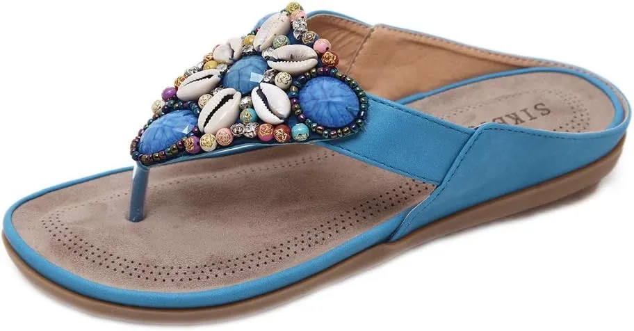 MIOKE Women's Bohemia Beaded Flat Sandals T-strap Summer Slip On Comfort Beach Flipflops Thong Slippers