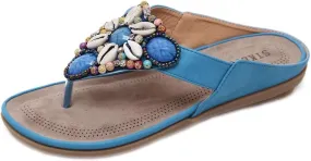 MIOKE Women's Bohemia Beaded Flat Sandals T-strap Summer Slip On Comfort Beach Flipflops Thong Slippers
