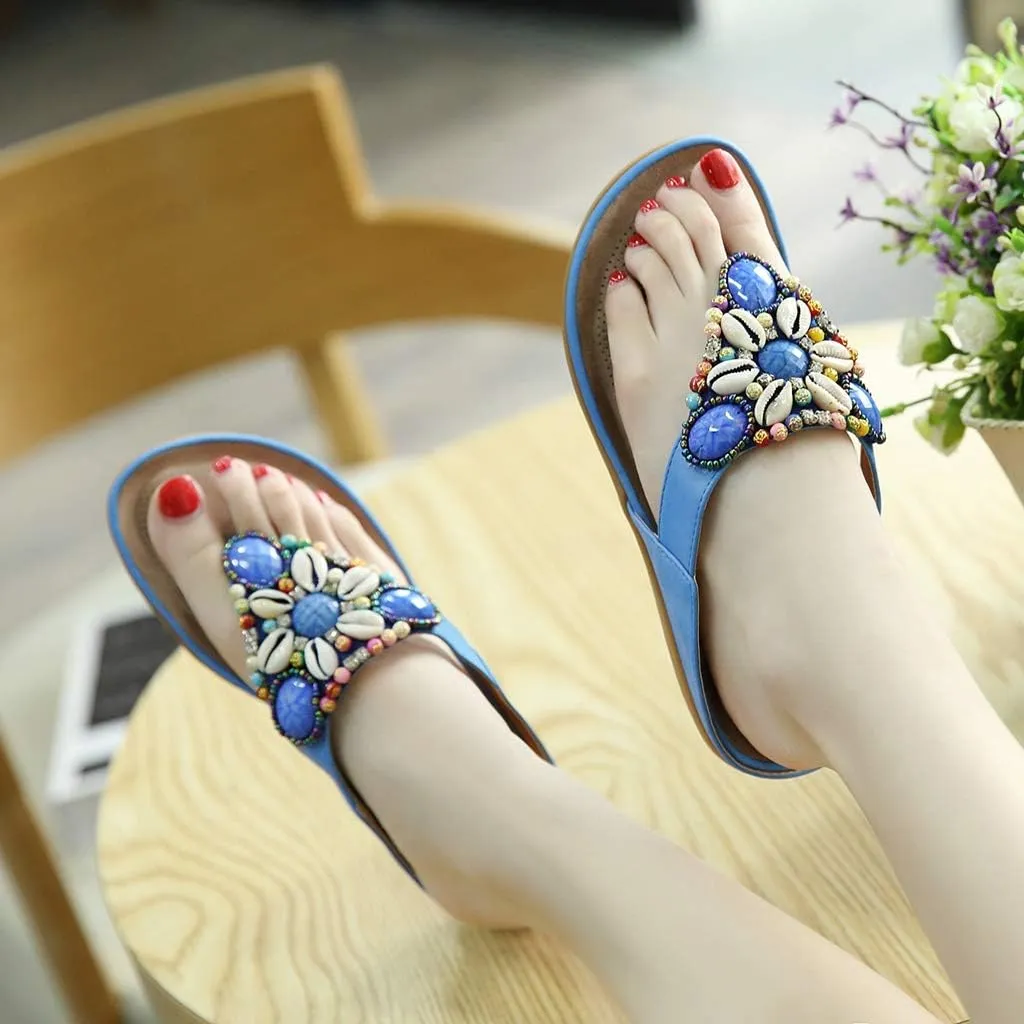 MIOKE Women's Bohemia Beaded Flat Sandals T-strap Summer Slip On Comfort Beach Flipflops Thong Slippers