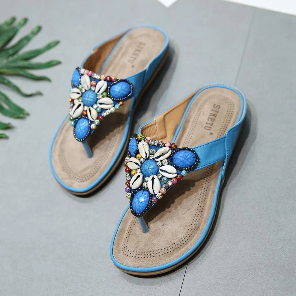 MIOKE Women's Bohemia Beaded Flat Sandals T-strap Summer Slip On Comfort Beach Flipflops Thong Slippers