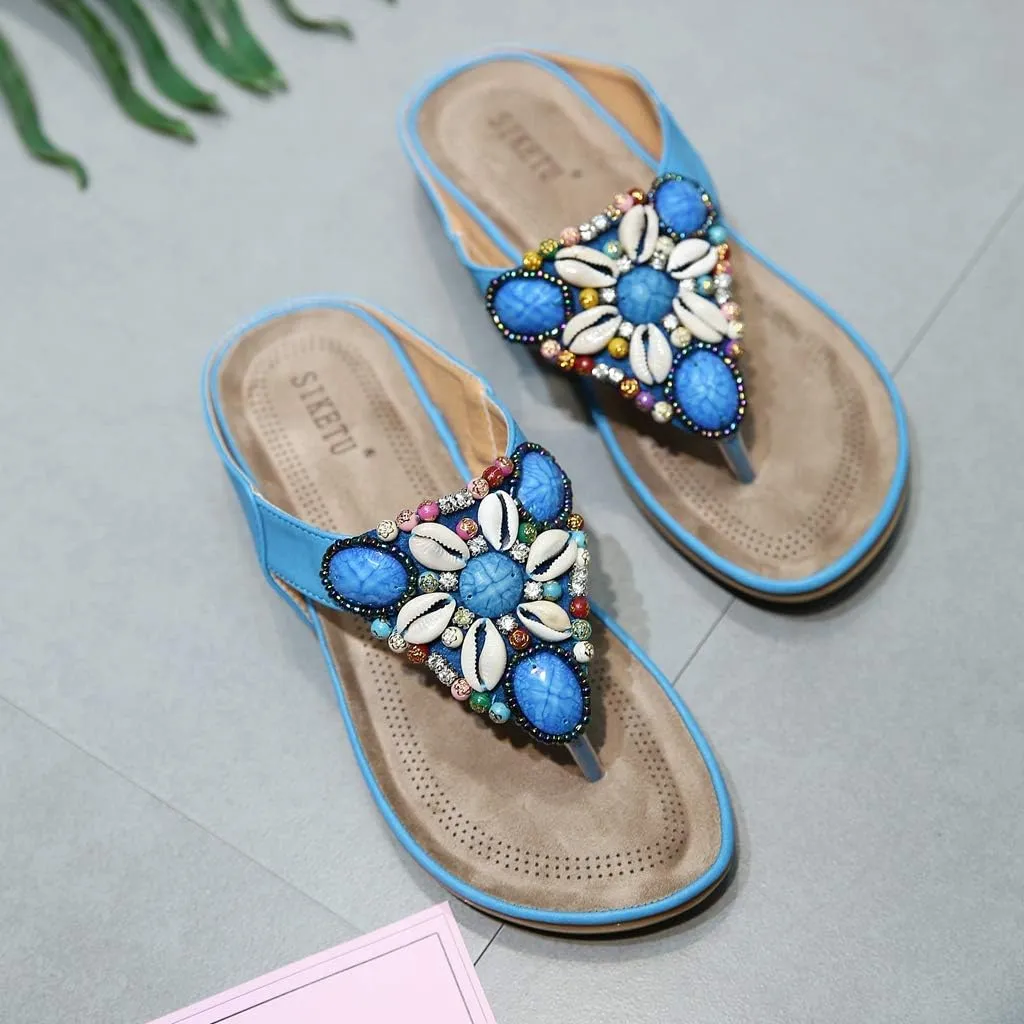 MIOKE Women's Bohemia Beaded Flat Sandals T-strap Summer Slip On Comfort Beach Flipflops Thong Slippers