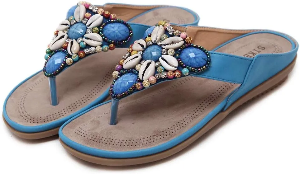 MIOKE Women's Bohemia Beaded Flat Sandals T-strap Summer Slip On Comfort Beach Flipflops Thong Slippers