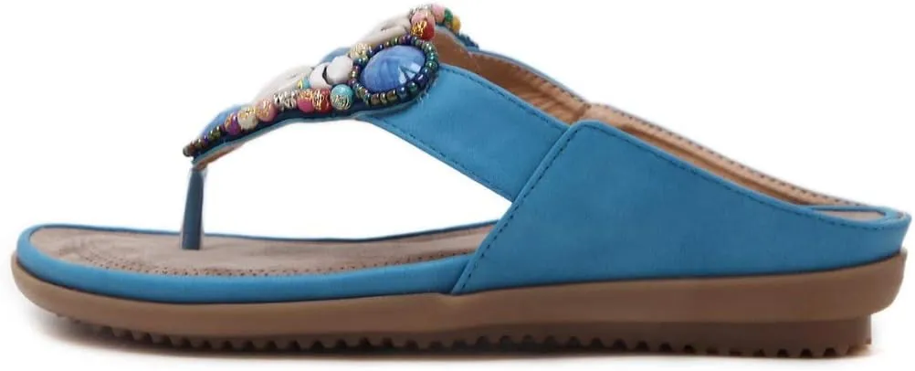 MIOKE Women's Bohemia Beaded Flat Sandals T-strap Summer Slip On Comfort Beach Flipflops Thong Slippers