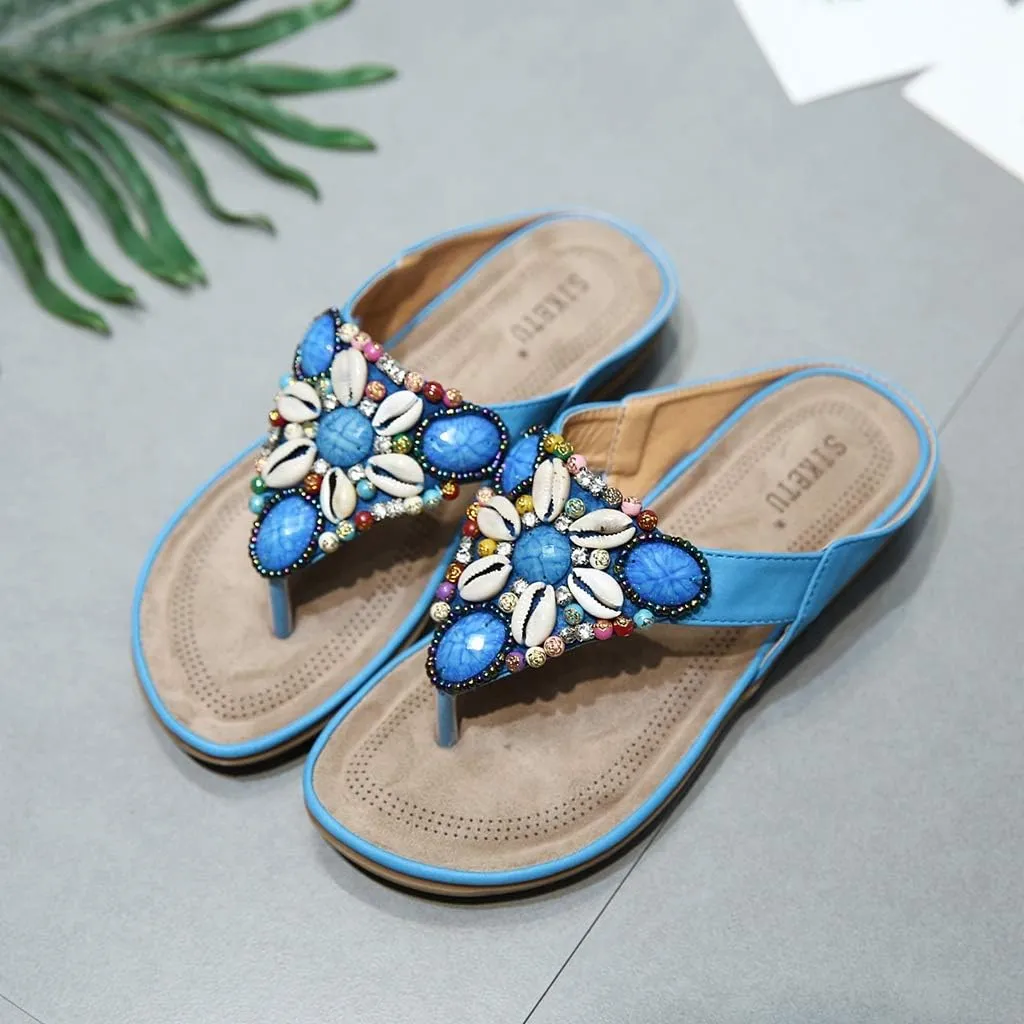 MIOKE Women's Bohemia Beaded Flat Sandals T-strap Summer Slip On Comfort Beach Flipflops Thong Slippers