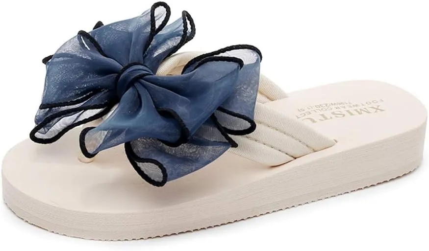 MIOKE Women's Fashion Summer Flat Flipflops Boho Bowknot Comfy Nonslip Platform Beach Slippers Sandals