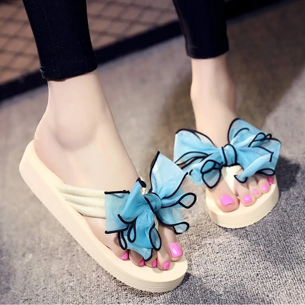 MIOKE Women's Fashion Summer Flat Flipflops Boho Bowknot Comfy Nonslip Platform Beach Slippers Sandals