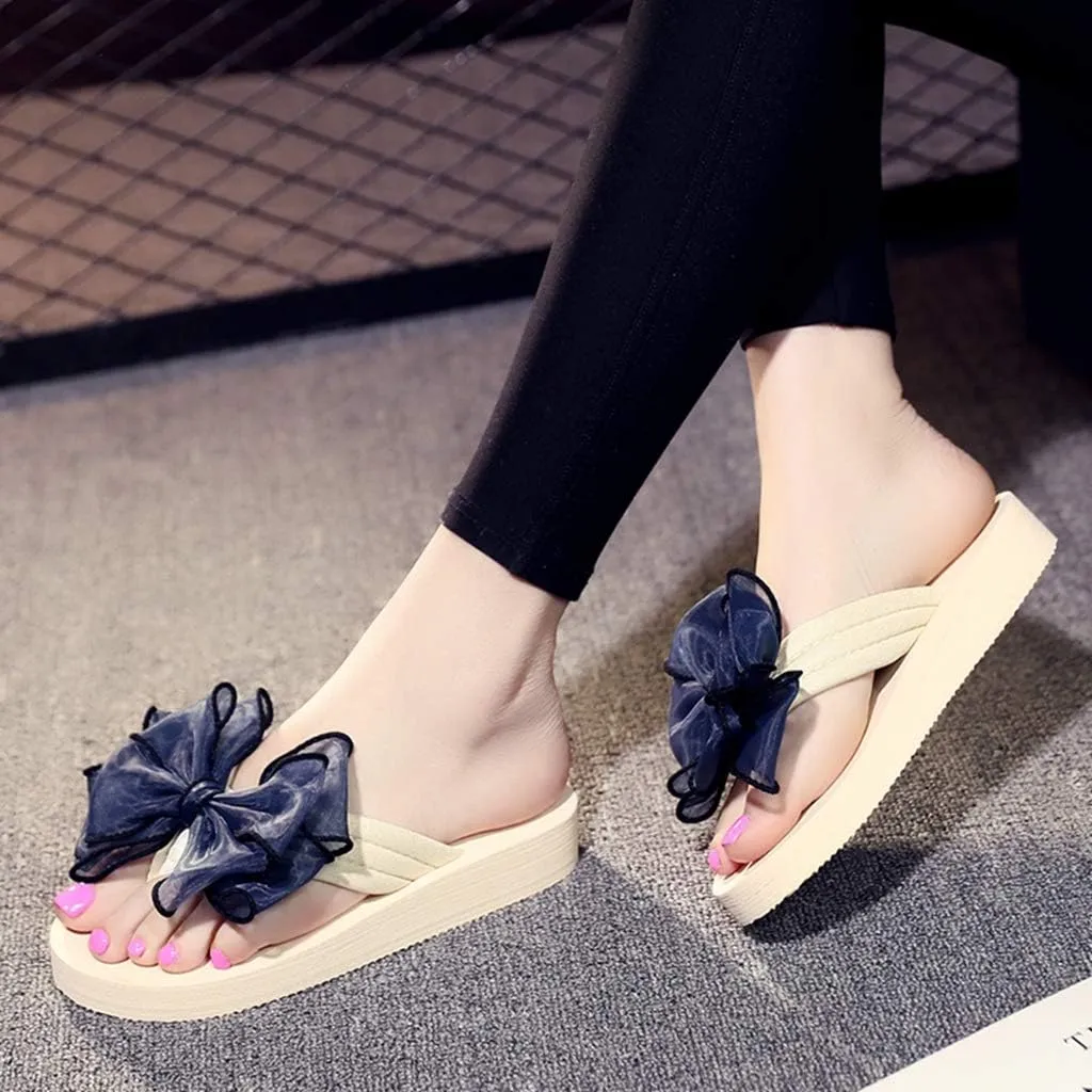 MIOKE Women's Fashion Summer Flat Flipflops Boho Bowknot Comfy Nonslip Platform Beach Slippers Sandals