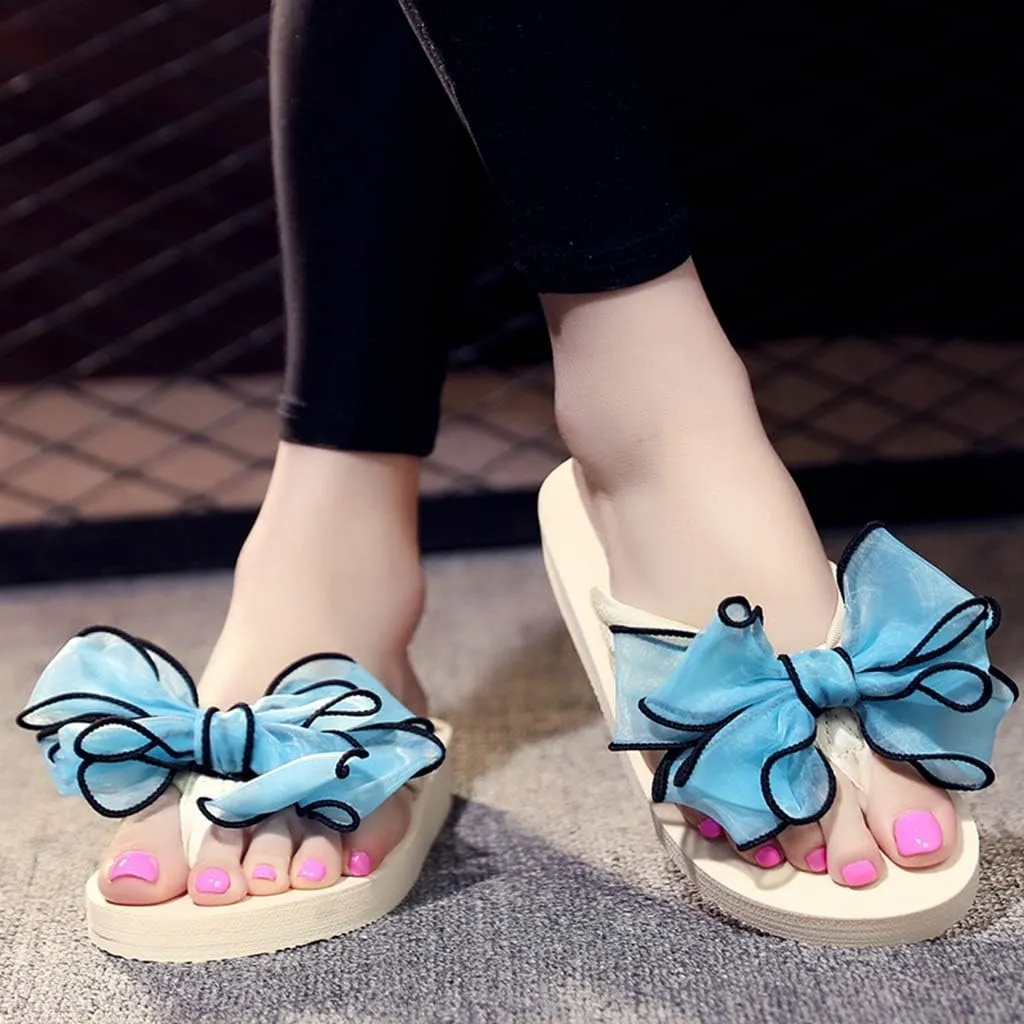 MIOKE Women's Fashion Summer Flat Flipflops Boho Bowknot Comfy Nonslip Platform Beach Slippers Sandals