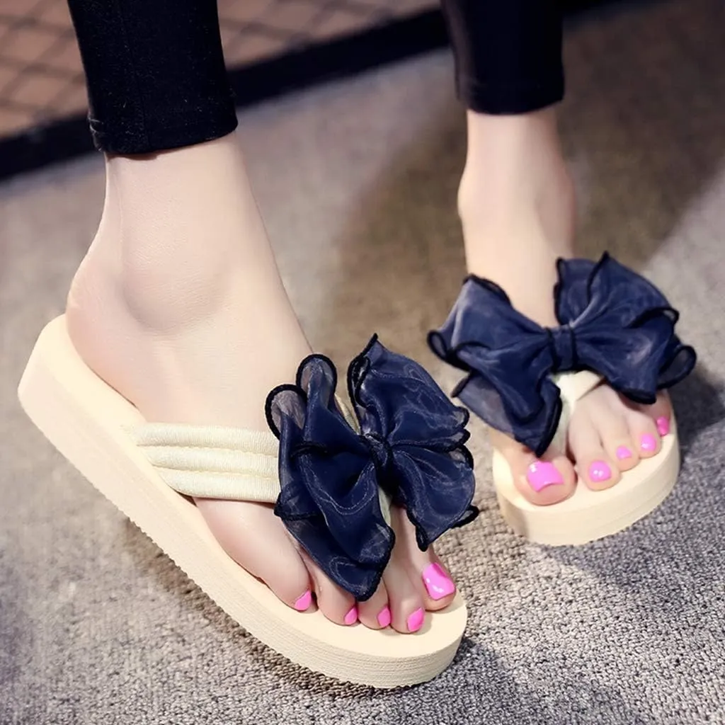 MIOKE Women's Fashion Summer Flat Flipflops Boho Bowknot Comfy Nonslip Platform Beach Slippers Sandals