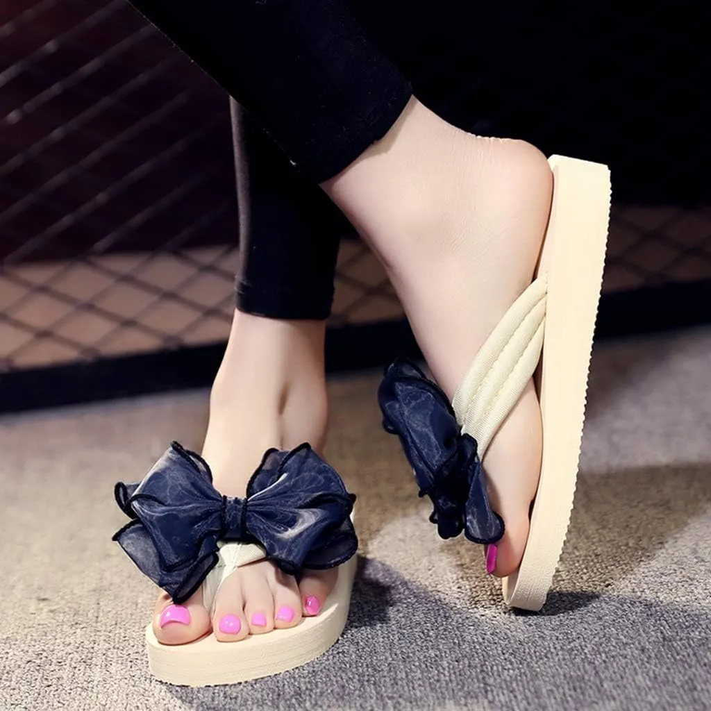 MIOKE Women's Fashion Summer Flat Flipflops Boho Bowknot Comfy Nonslip Platform Beach Slippers Sandals