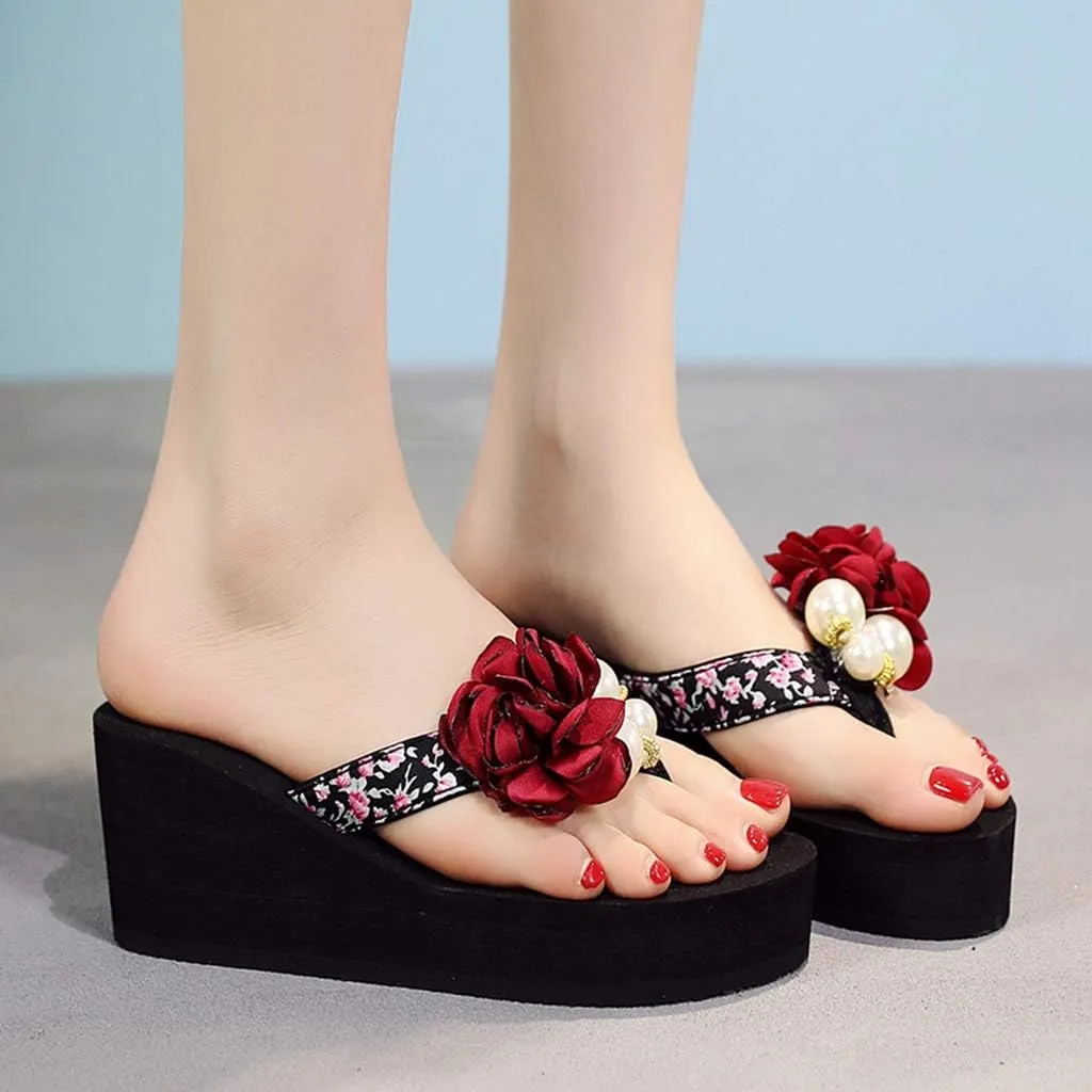 MIOKE Women's Flower Wedge Platform Flip Flops Summer Bohemia Comfy Nonslip High Heel Beach Thong Sandals