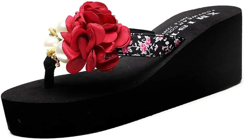 MIOKE Women's Flower Wedge Platform Flip Flops Summer Bohemia Comfy Nonslip High Heel Beach Thong Sandals