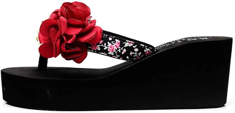 MIOKE Women's Flower Wedge Platform Flip Flops Summer Bohemia Comfy Nonslip High Heel Beach Thong Sandals
