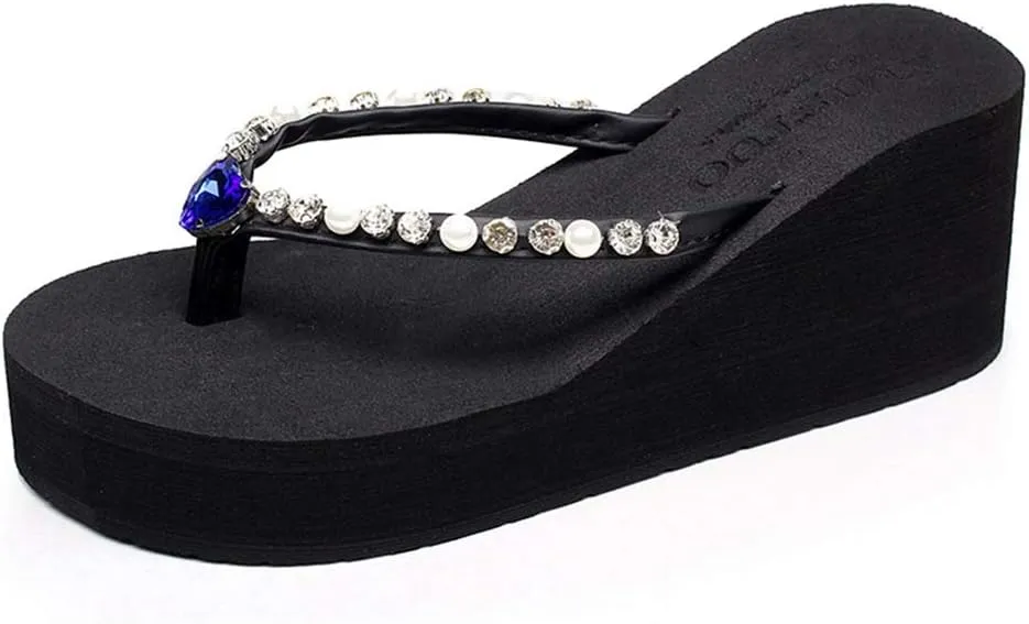 MIOKE Women's Wedge High Heel Flipflops Sandals Rhinestone Platform Nonslip Summer Beach Thong Sandal