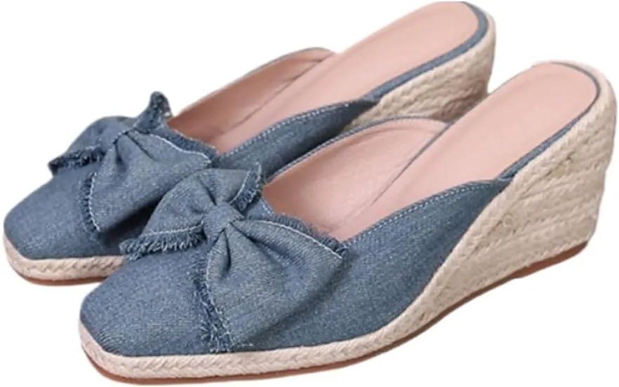 Navy Espadrilles Wedges for Women Mules with Bows Comfortable Slides Platform Chunky High Heels Y2K Fashion Dressy Casual Sandals Spring Summer Outdoors Travel Streetwear Parties Cruise Beach Holiday