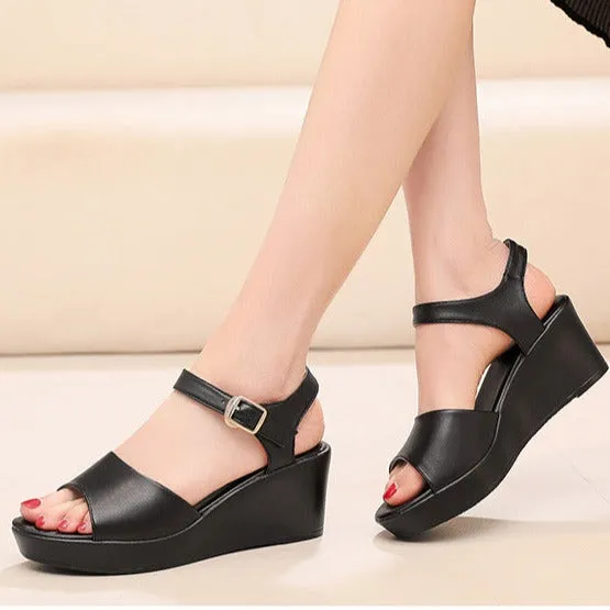 Peep toe wedge sandals with buckle ankle strap