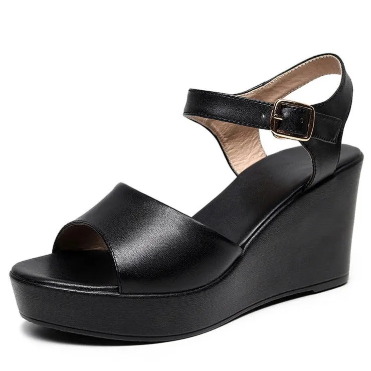 Peep toe wedge sandals with buckle ankle strap