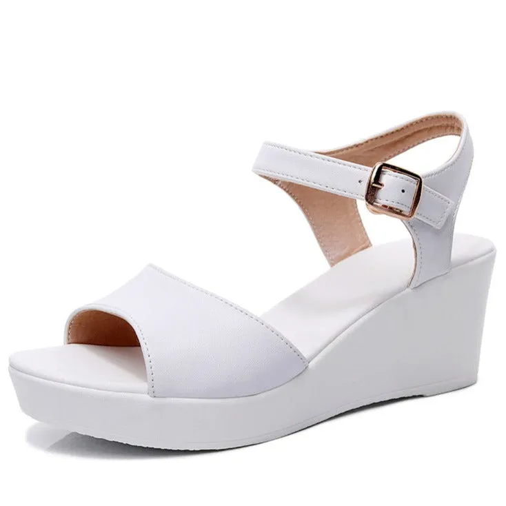 Peep toe wedge sandals with buckle ankle strap
