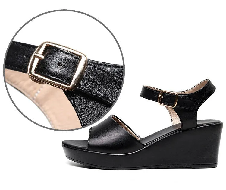 Peep toe wedge sandals with buckle ankle strap