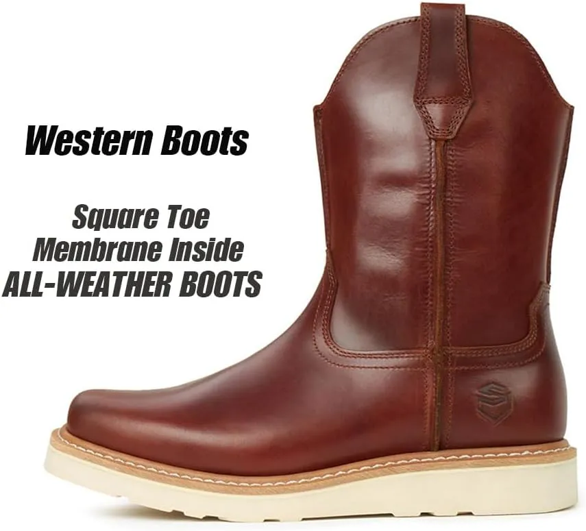 SUREWAY Western Boots - Mens Square Toe Work Boot,Pull On Leather Wellington Boots,Durable Classic Slip Resistant Soft Toe Cowboy Boot