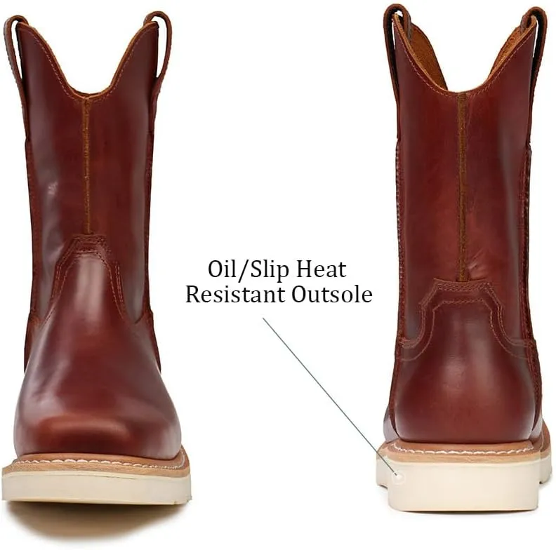 SUREWAY Western Boots - Mens Square Toe Work Boot,Pull On Leather Wellington Boots,Durable Classic Slip Resistant Soft Toe Cowboy Boot