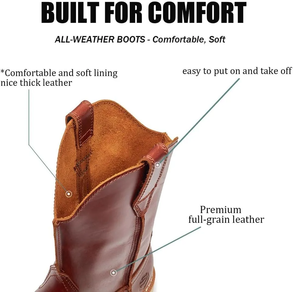 SUREWAY Western Boots - Mens Square Toe Work Boot,Pull On Leather Wellington Boots,Durable Classic Slip Resistant Soft Toe Cowboy Boot