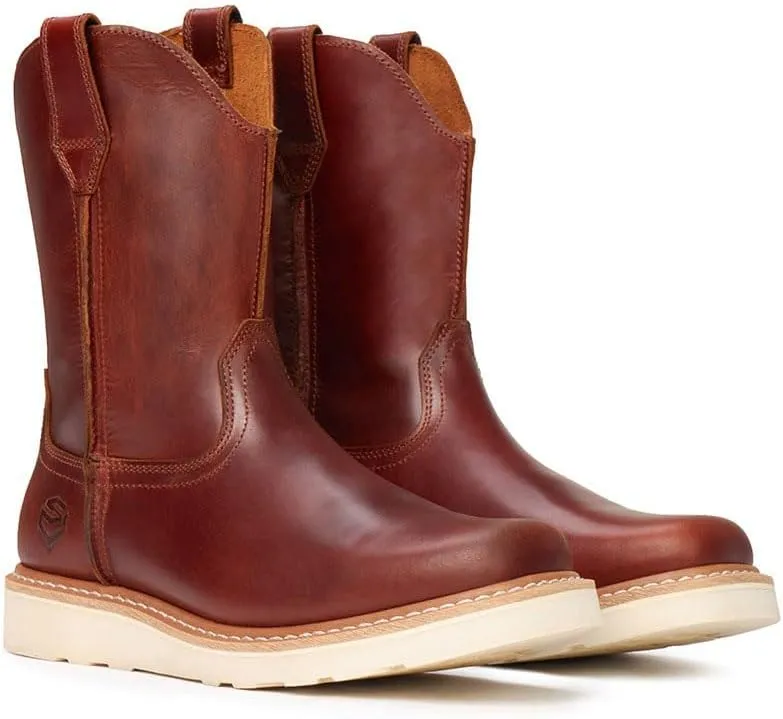 SUREWAY Western Boots - Mens Square Toe Work Boot,Pull On Leather Wellington Boots,Durable Classic Slip Resistant Soft Toe Cowboy Boot