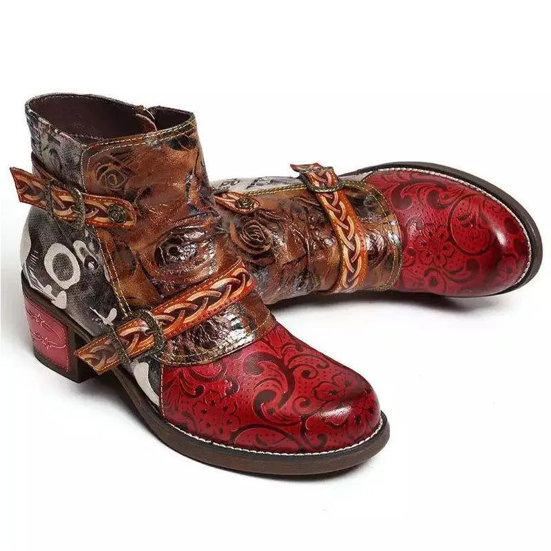 Women retro buckle strap flower chunky heel ankle boots