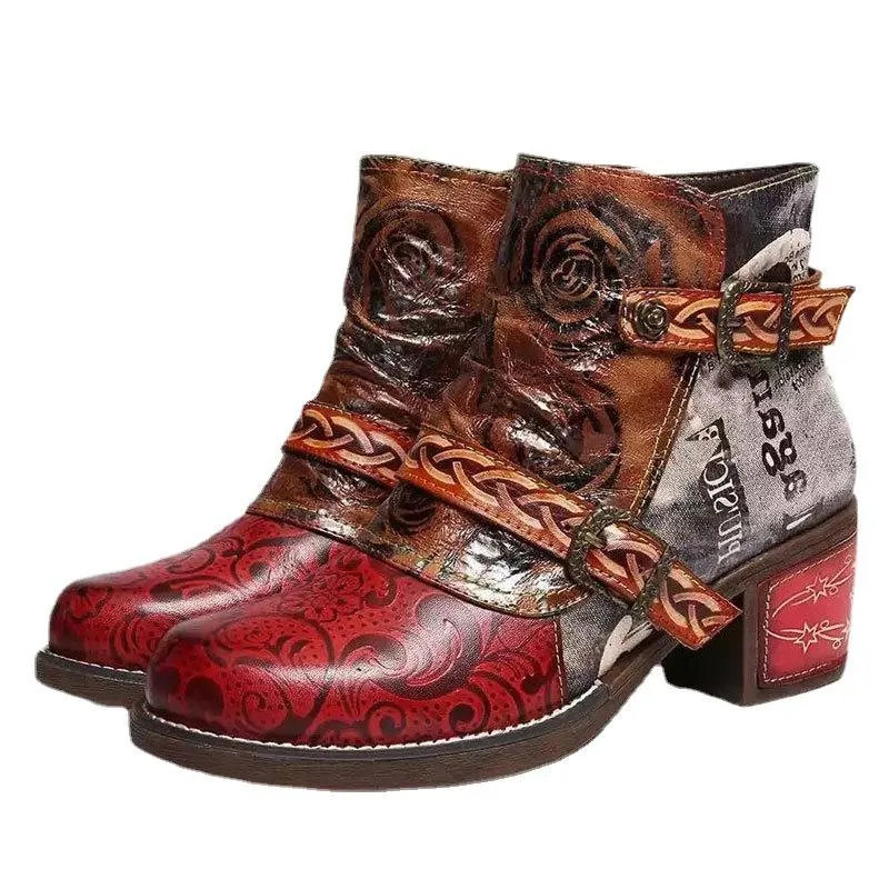 Women retro buckle strap flower chunky heel ankle boots